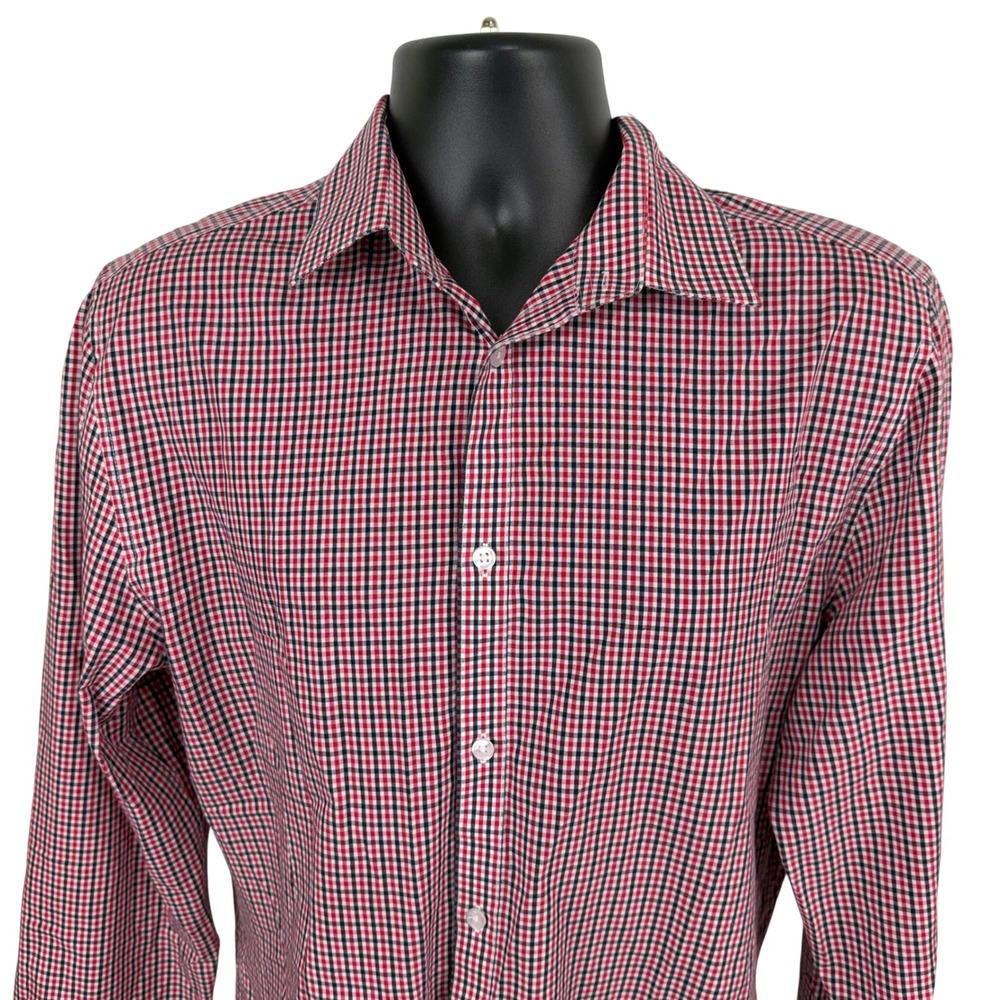 H&M Slim Fit‎ Gingham Check Dress Shirt Red Black White Men's Large Easy Iron